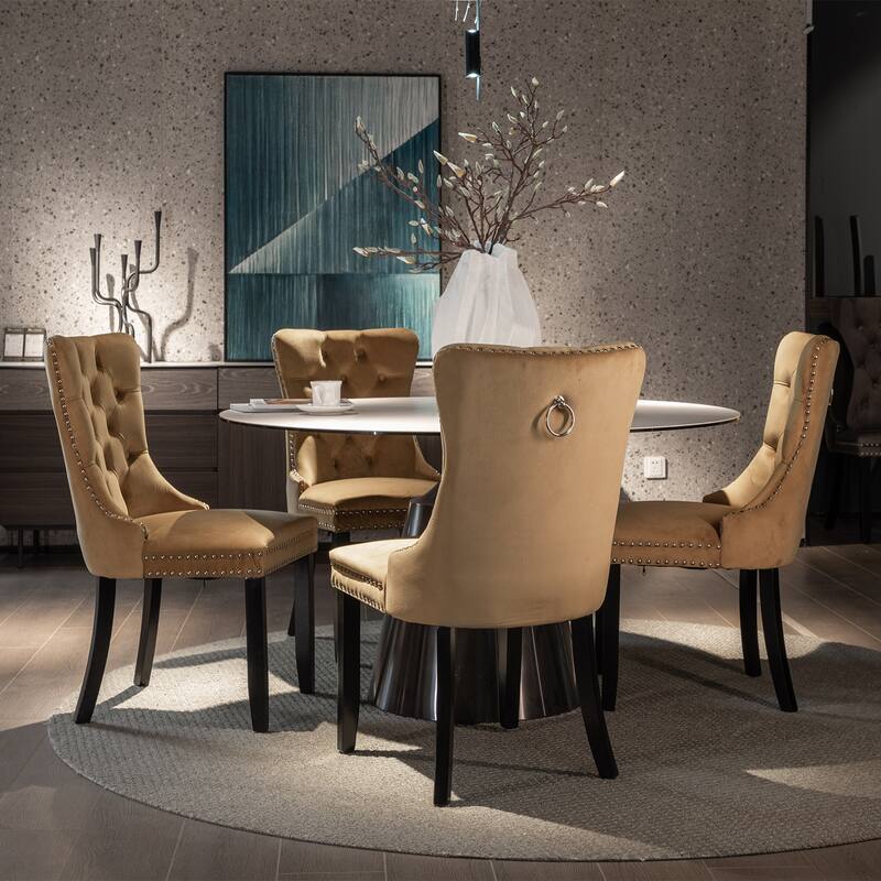 Modern Set of 2 Velvet Tufted Dining Chair with Wood Legs and Nailhead Trim - Gold