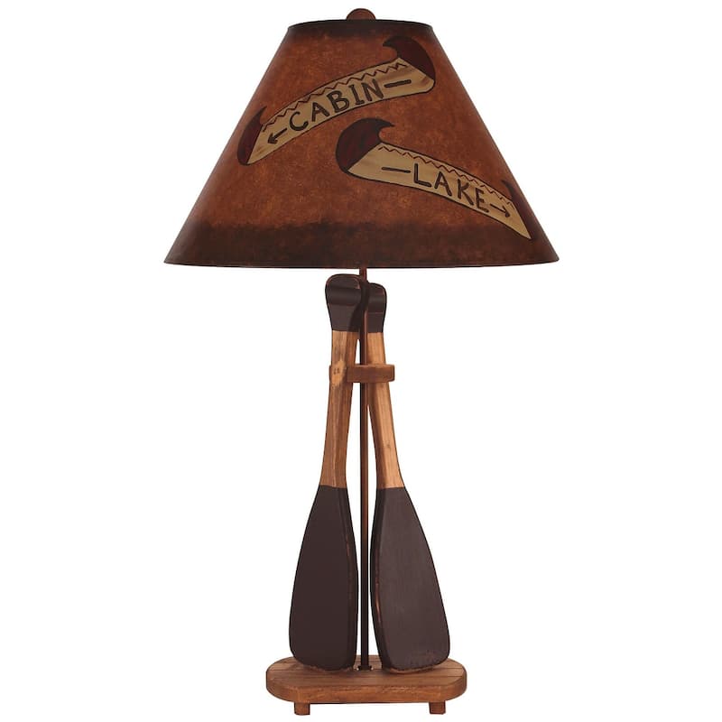 Rustic 2-Paddle Table Lamp - Stained and Red with Cabin and Lake Shade