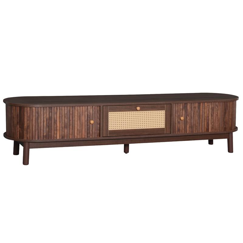 Modern Design TV Stand for 75" TVs, Media Console TV Cabinet with Rattan-Front Drawer 1 Drawer and 2 Sliding-Door Cabinets