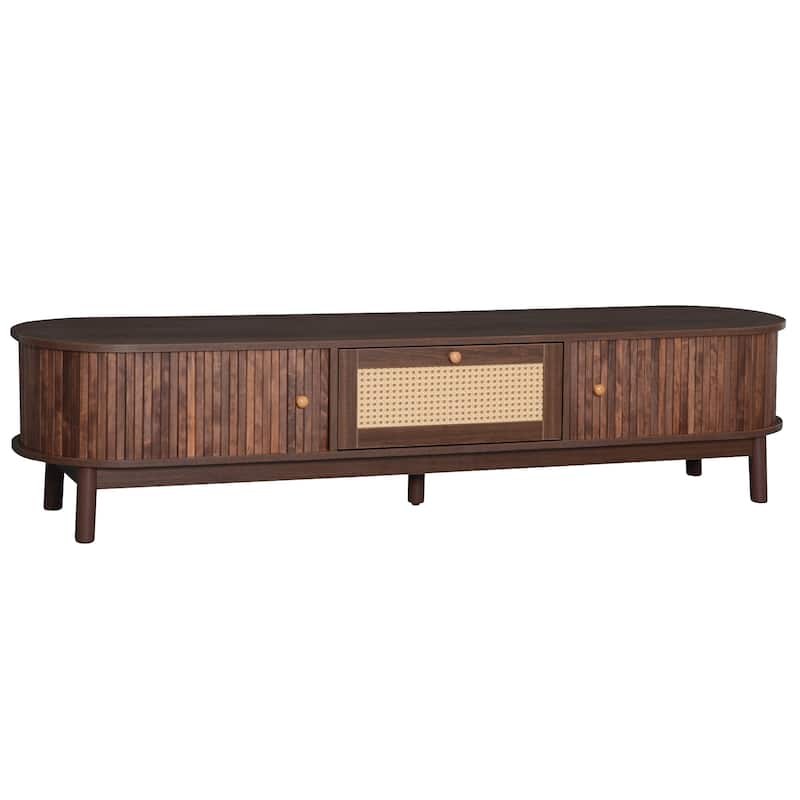 Roomfitters 75" TV Stand with Rattan Drawer, Media Console with 1 Drawer and 2 Sliding Cabinets, Modern Design, Dark Brown