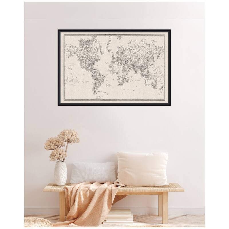 Kate and Laurel Framed Fabric Pinboard Vintage Black and White Linen World Map Wall Organization