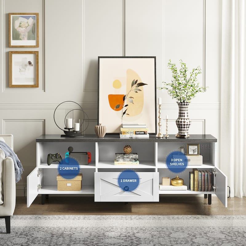 Moasis Farmhouse TV Stand for TVs up to 70" w/ Storage Shelves, Entertainment Center Media Console with Drawer