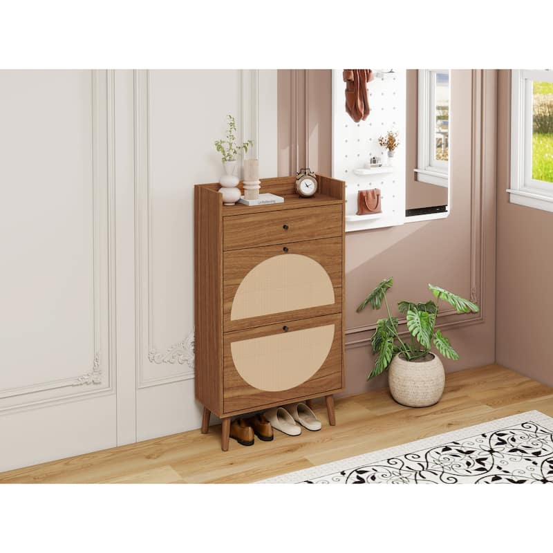 Roomfitters Rattan Shoe Cabinet with Drawer, 2 Door Slim Shoe Storage Rack, Entryway Organizer