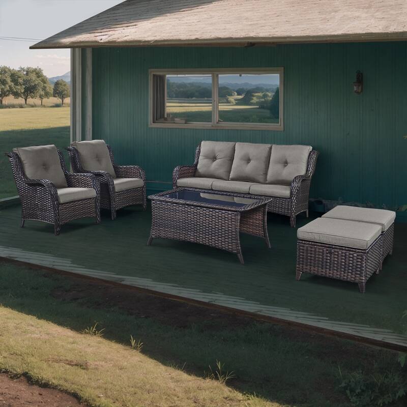 Gymojoy 6-Piece Patio Furniture Sofa Chair Ottoman - Brown - Grey