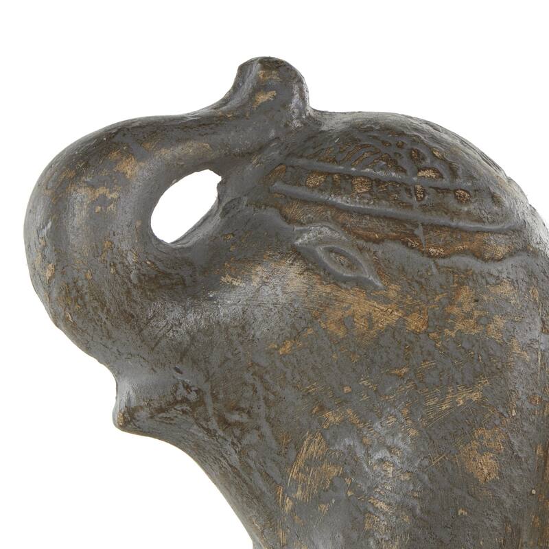 Dark Gray Paper Mache Handmade Distressed Carved Elephant Decorative Sculpture with Wood Inspired Accents