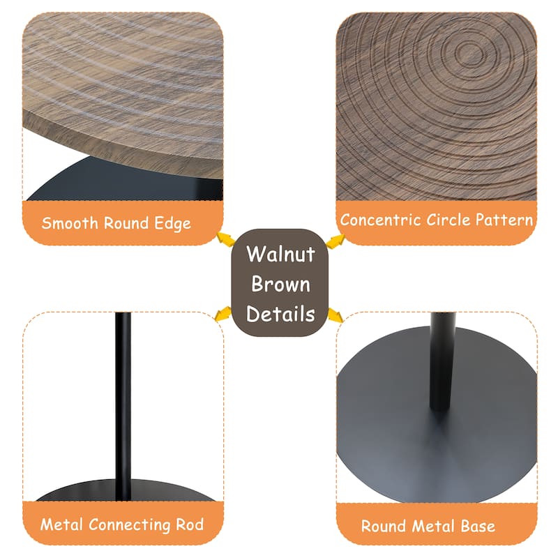 Set of 2 Small Round Side Table Wooden Concentric Circles Coffee Table for Two Metal Pedestal Nightstand for Corner Small Space