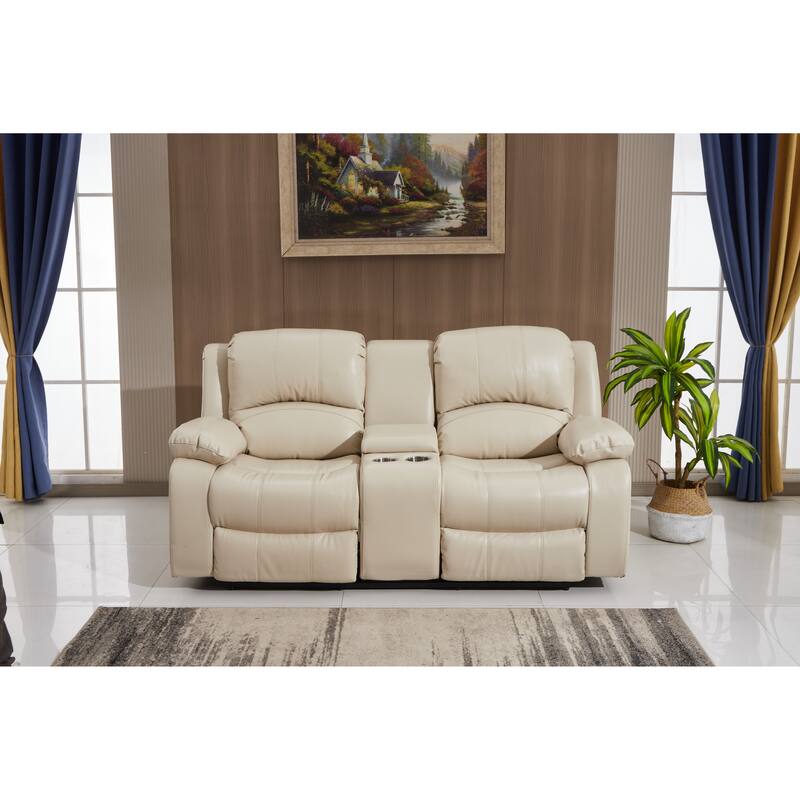 Betsy Furniture Bonded Leather Power Rclining 2-seat Loveseat with Console 8018 - Beige