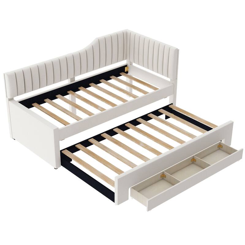 Living Room Upholstered Daybed, Solid Wood Platform Sofa Bedframe with Pull Out Trundle and 3 Drawers, Wood Slats Support