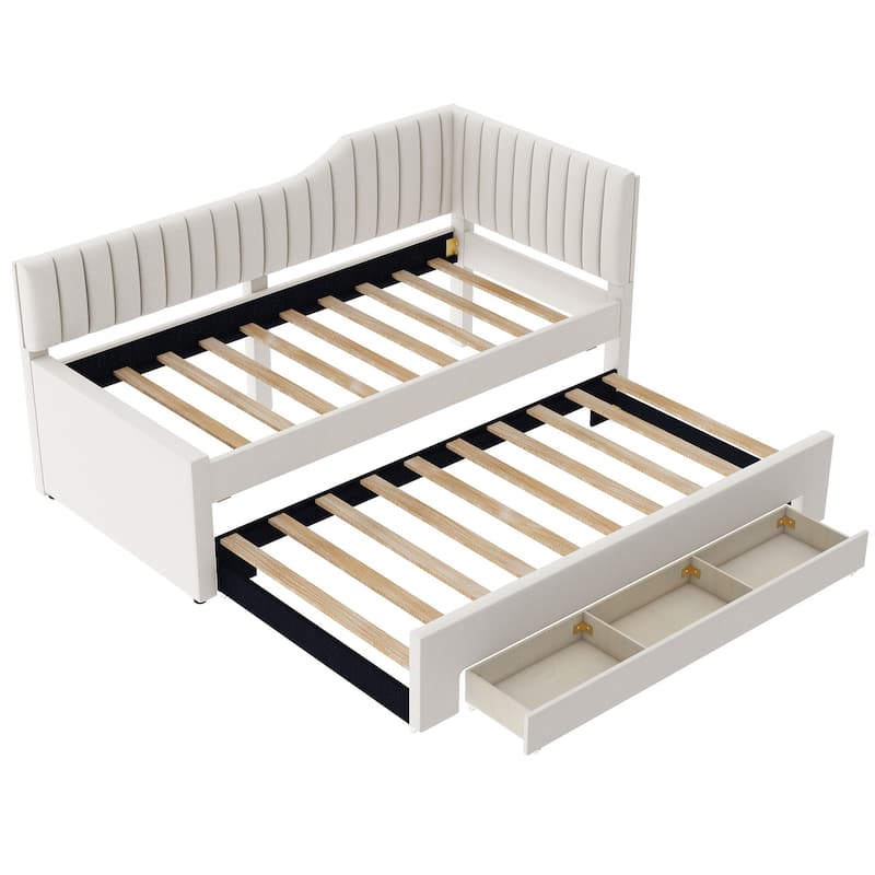 Twin Size Upholstered Daybed with Trundle and 3 Storage Drawers, Linen Blend Fabric