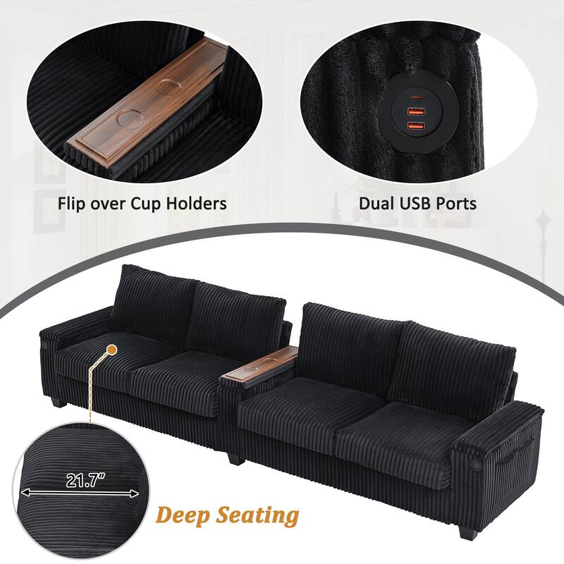 133" 4-Seater Corduroy Sofa - Modern Storage Couch with USB Ports, Flip-Top Cup Holders