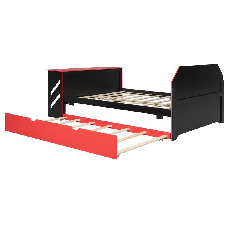 Roomfitters Full Size Wood Daybed with Twin Trundle and Built-in Desk, Modern Gaming Bed Frame with USB Port