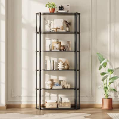 71 Inch Tall Bookshelf, 6 Tier Industrial Bookcase with Heavy Duty Metal Frame, Slim Farmhouse Storage Shelves