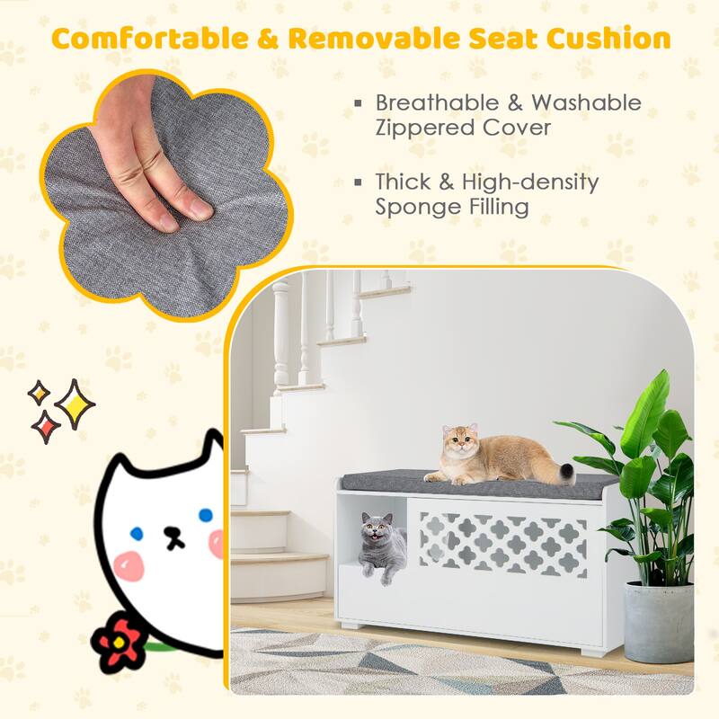Cat Litter Box Enclosure with Removable Cushion and Front Open Door-White - 35.5" x 19" x 20.5" (L x W x H)