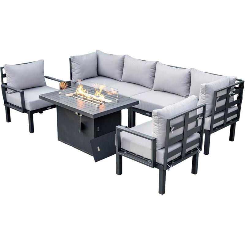 Chelsea 7-Piece Outdoor Patio Sectional Set with Firepit Table in Black Aluminum for Backyard Garden and Patio Deck - Light Grey