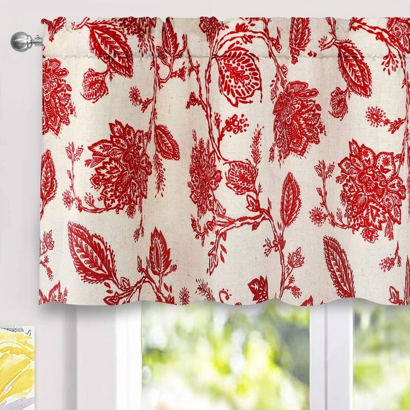 DriftAway Freda Jacobean Floral Linen Blend Blackout Window Curtain Valance - 52'' width x 24'' length - 52" width x 24 " length - Red
