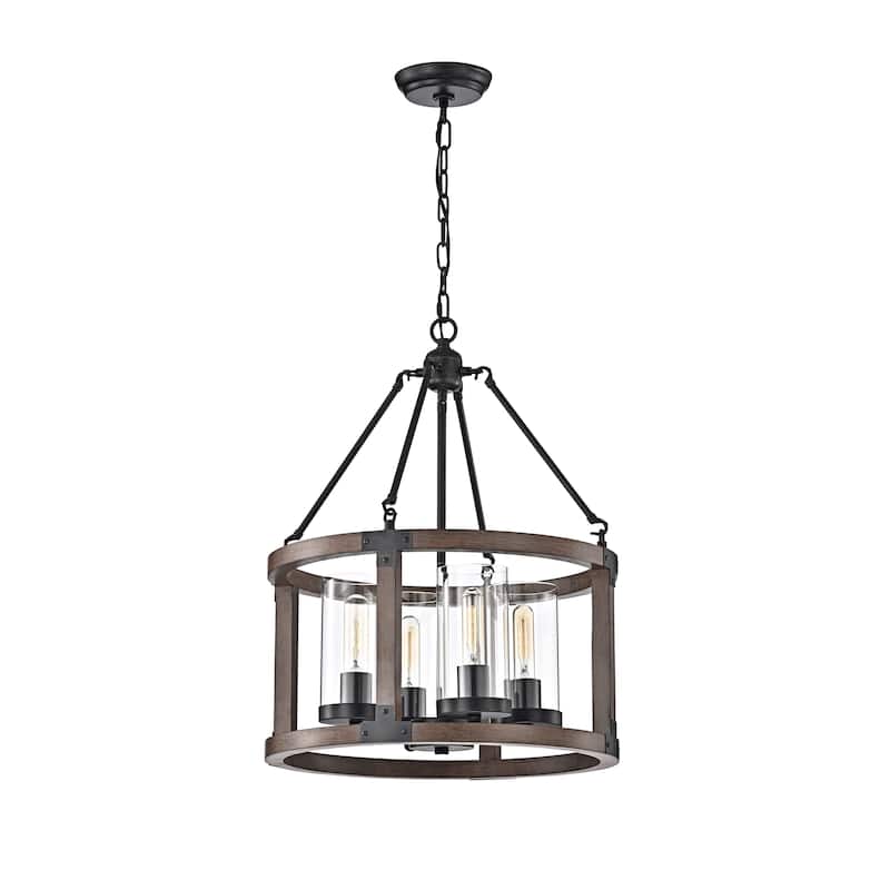 Daniela Pine Wood Drum Cage Glass Pendant with Antique Black Metal