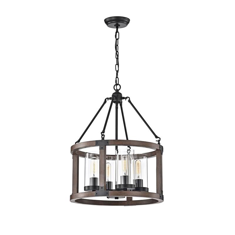 Daniela Pine Wood Drum Cage Glass Pendant with Antique Black Metal