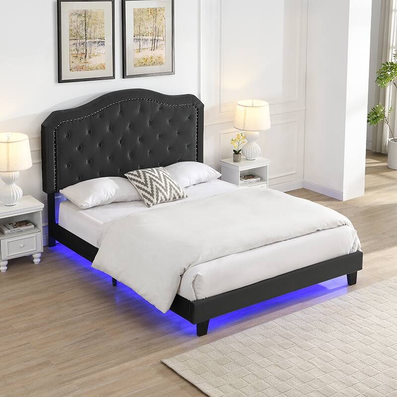 Upholstered Bed Button Tufted Curve Design Wood Slat Support LED Light Platform Bed Queen Light Grey