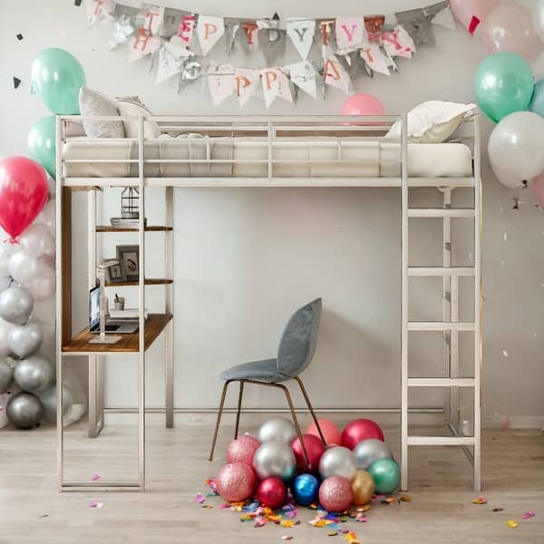 slide 2 of 15, Modern Full Size Loft Bed With 2 Shelves and one Desk For Bedroom,Dorm,Kids