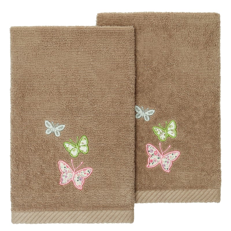 Authentic Hotel and Spa 100% Turkish Cotton Mariposa 2PC Embellished Fingertip Towel Set - Cocoa