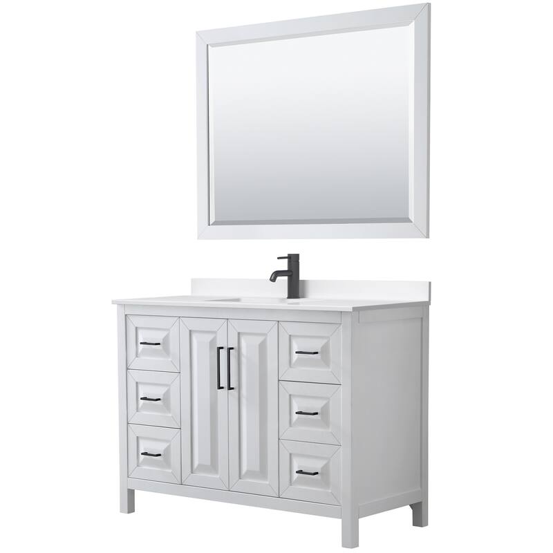 Daria 48-inch Single Vanity, Single Hole Quartz Top, 46-inch Mirror - White, Black Trim, White Quartz Top