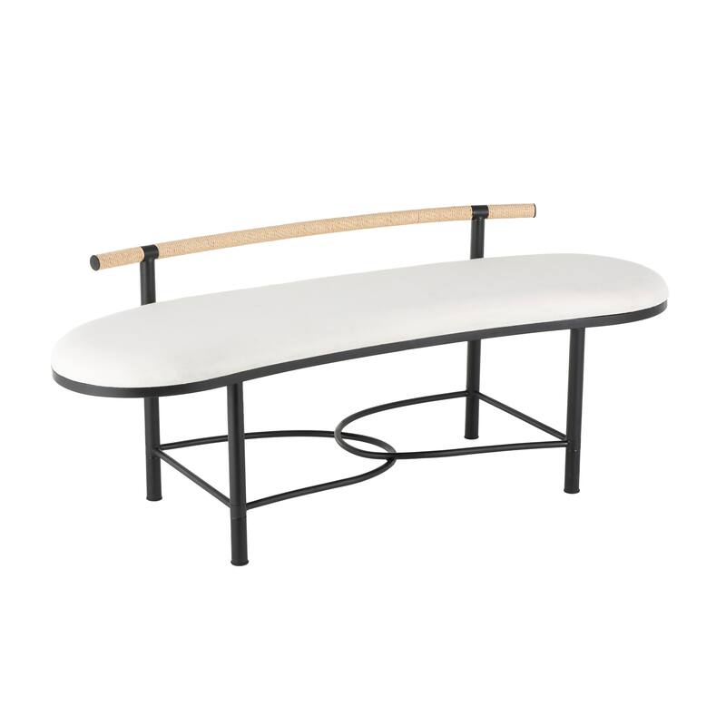 White Metal Upholstered Oval Abstract Bench with Black Metal Frame and Rope Rod Backrest
