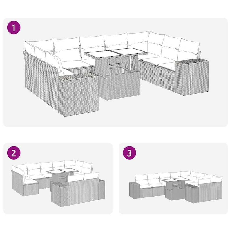 vidaXL Patio Sofa Set with Cushions Table and Couches 10 Piece Poly Rattan