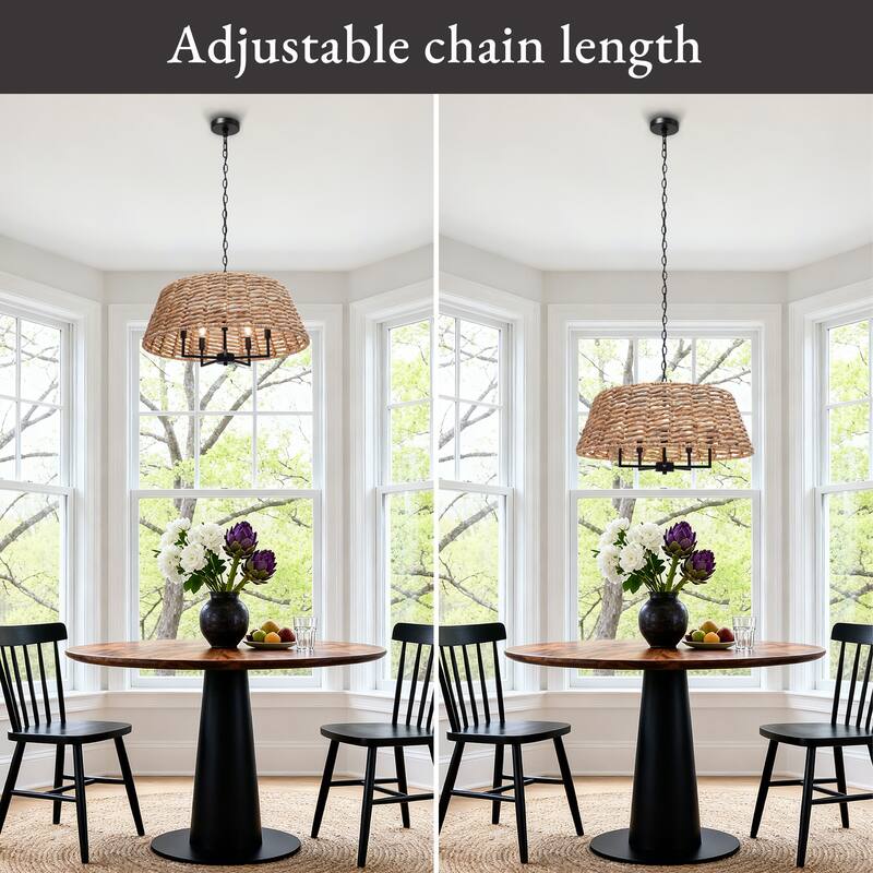 Farmhouse 5-Light Rattan Drum Chandelier Coastal Pendant for Kitchen Island Dining Room - 26" W x 13" H