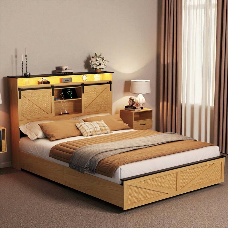 Farmhouse Full/Queen Bed Frame with Storage Headboard, Drawers, Charging Station and RGB LED Lights, MDF and Steel Platform Bed