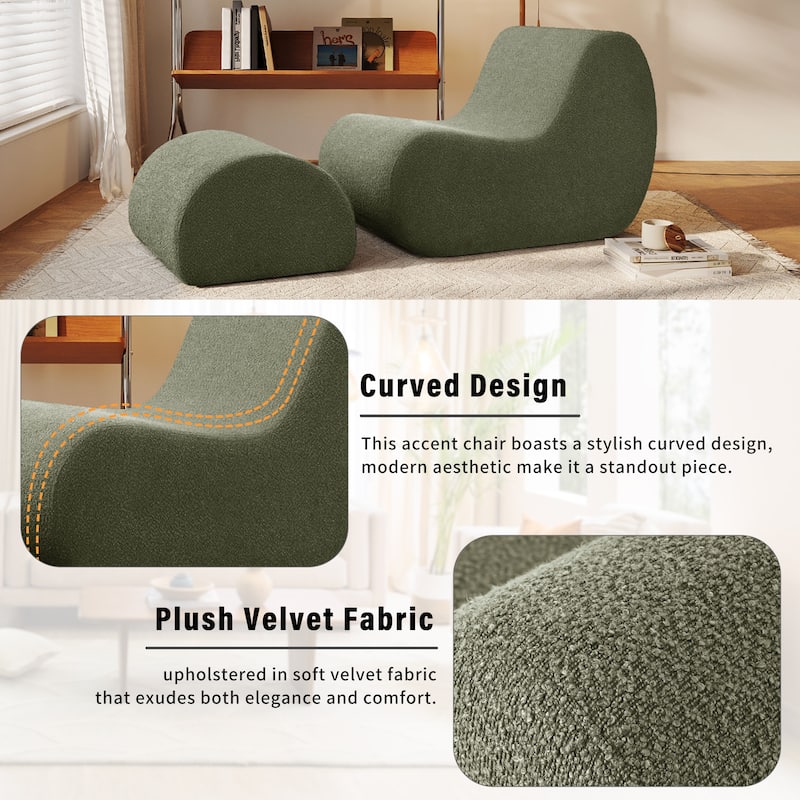 Upholstered Accent Chair with Ottoman, Ergonomic Curved Lounge Chair, 29" Wide Modern Recliner Chair, No Assembly Required
