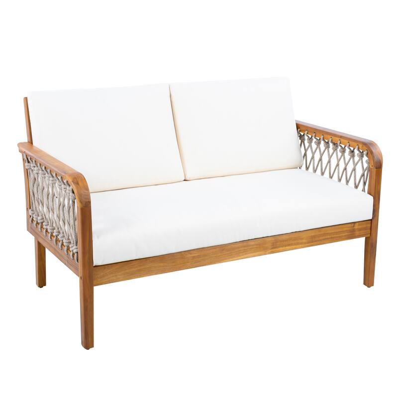 Christopher Knight Home - Outdoor Acacia Wood Loveseat and Coffee Table Set with Handwoven Rope - Loveseat + Table