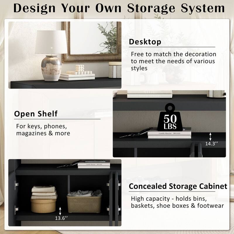 60" Modern 4-Door Sideboard with Open Shelf, Solid Wood Veneer Storage Cabinet for Living Room, Entryway (Black/Natural)