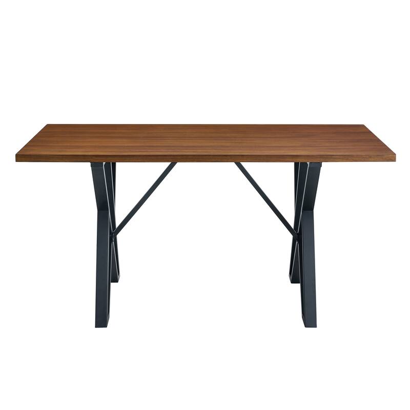 Roomfitters Industrial Rectangular Dining Table with Metal Trestle Base, Walnut Wood Finish