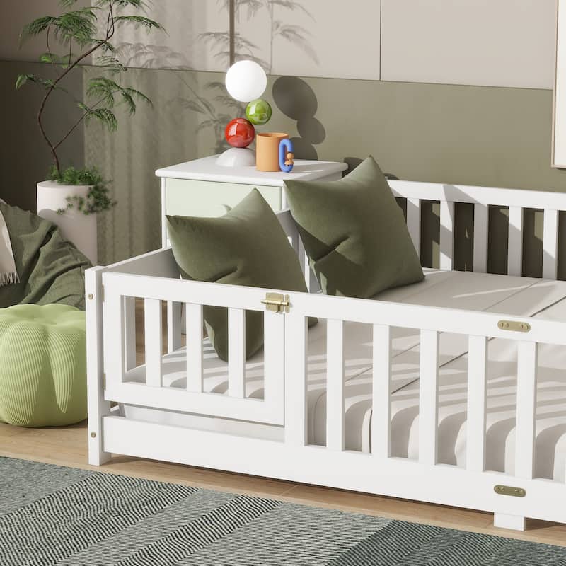 Grey Queen Size Wooden Floor Bed with Fence, Door, Rubber Safety Guardrails