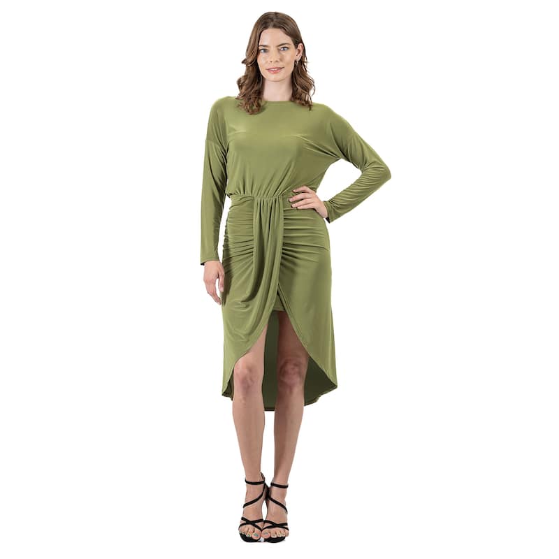 24seven Comfort Apparel Long Sleeve Dressy Tulip Skirt Knee Length Dress - Green - L