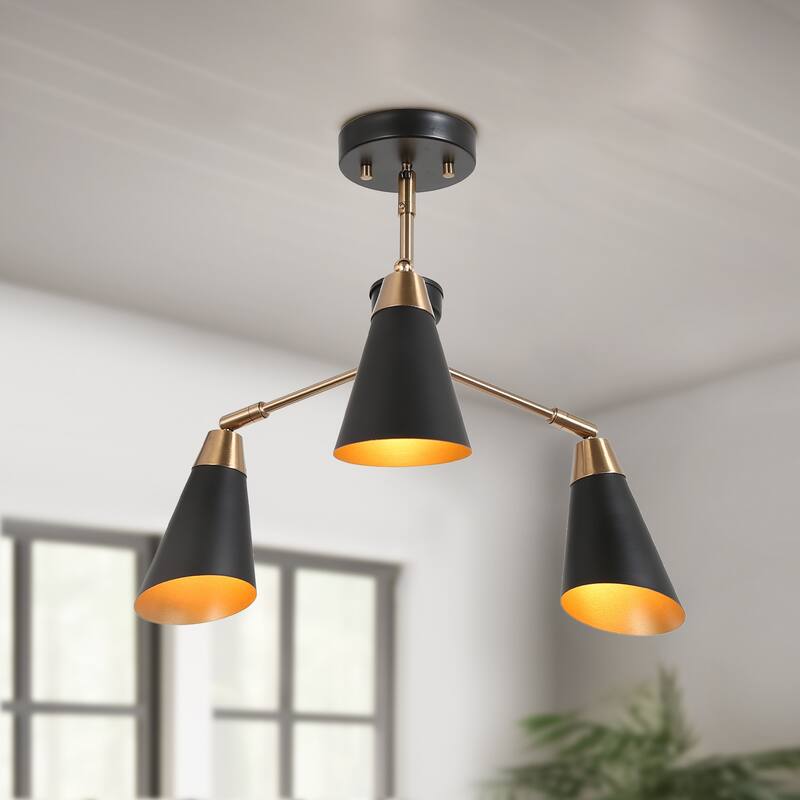 Modern 3-Light Metal Black Gold Chandeliers Semi-Flush Ceiling Light for Kitchen - 22"Dia x 14.5"H