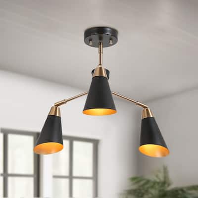 Modern 3-Light Metal Black Gold Chandeliers Semi-Flush Ceiling Light for Kitchen - 22"Dia x 14.5"H