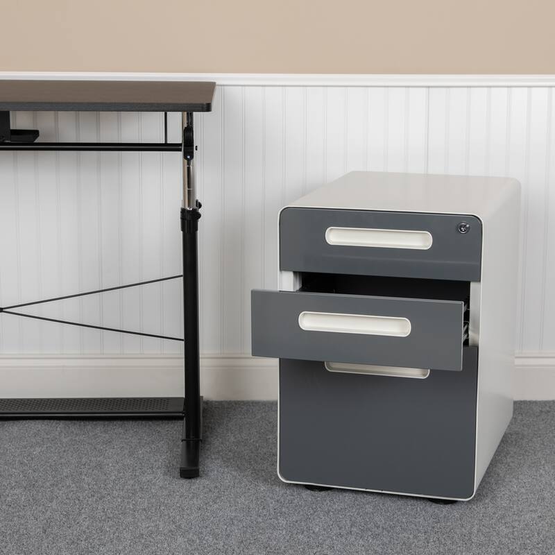 Ergonomic 3-Drawer Mobile Locking Filing Cabinet Storage Organizer - White and Charcoal