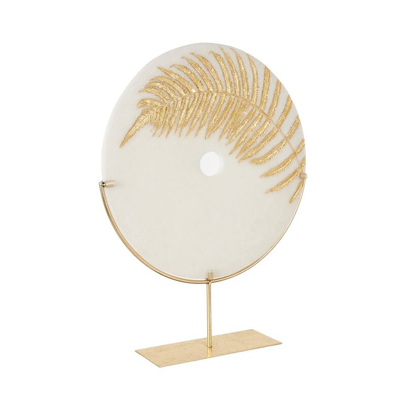 White Polystone Round Disk Leaf Decorative Sculpture with Center Cutout and Gold Base