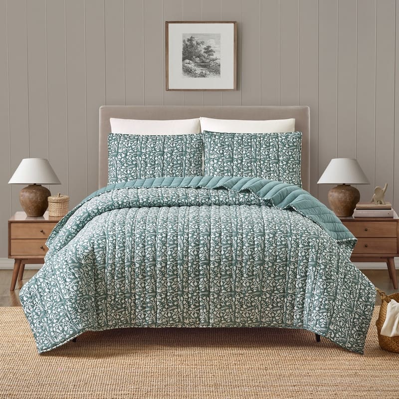 Block Print Floral Vine 3-Piece Cotton Voile Quilt Set