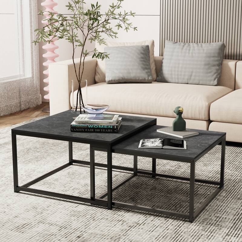 Square Sintered Stone top Nesting Coffee Table (Set of 2) - 27.5" x 18.9" - Black