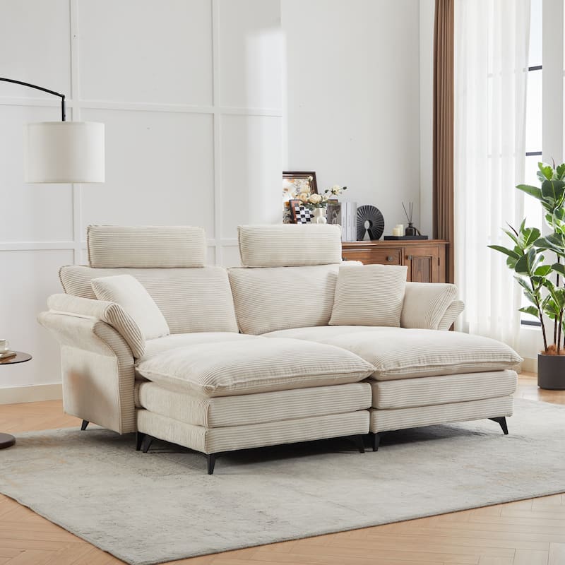Corduroy Loveseat Sofa, Deep Seat Sectional Sofa wMovable Ottoman & 2 Pillows Upholstered Tufted Couch for Living Room - Beige