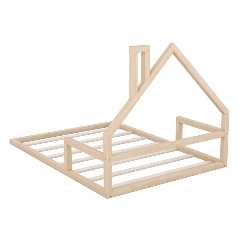 Wooden House Bed Frame with Slat Support, Solid Pine Kids Floor Bed with House Shaped Headboard
