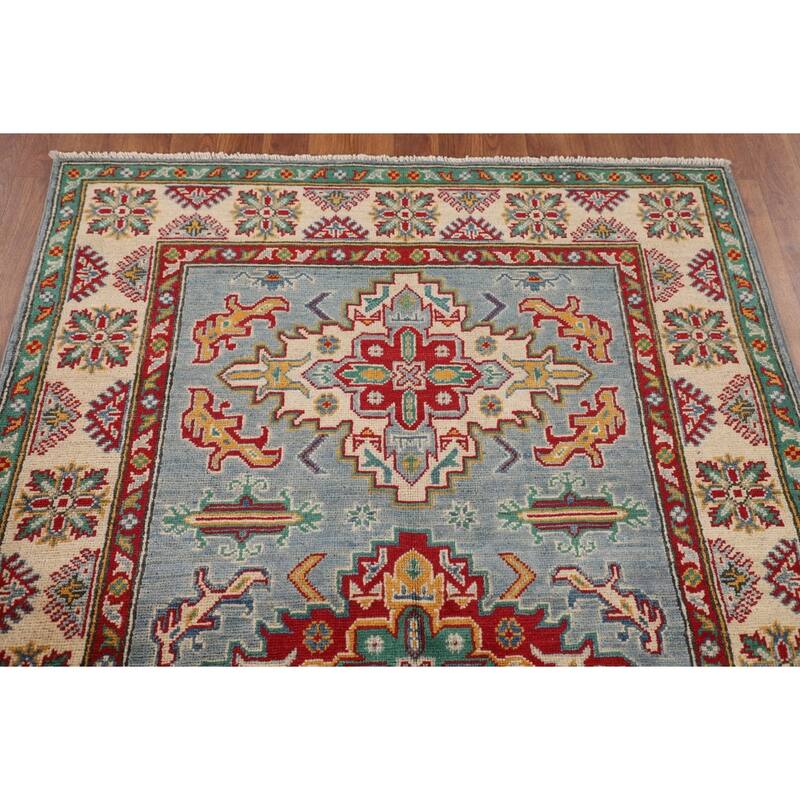 Light Blue Oriental Kazak Area Rug Hand-Knotted Wool Carpet - 4'0" x 6'0"
