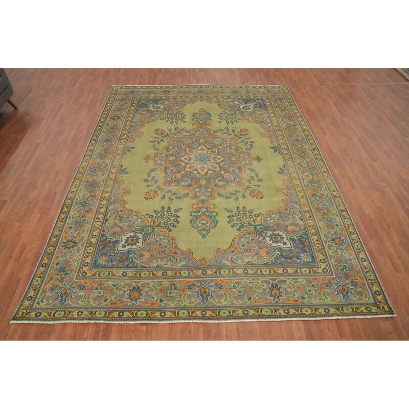 Hand Knotted Oriental 100% Wool Carpet Traditional Floral Green Tabriz Area Rug - 12' 4'' X 9' 5''