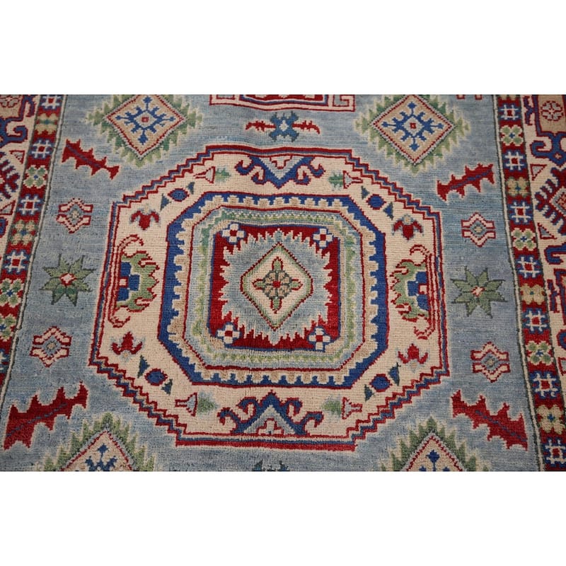 Light Blue Geometric Kazak Oriental Rug Handmade Bedroom Wool Carpet - 3'11" x 6'0"