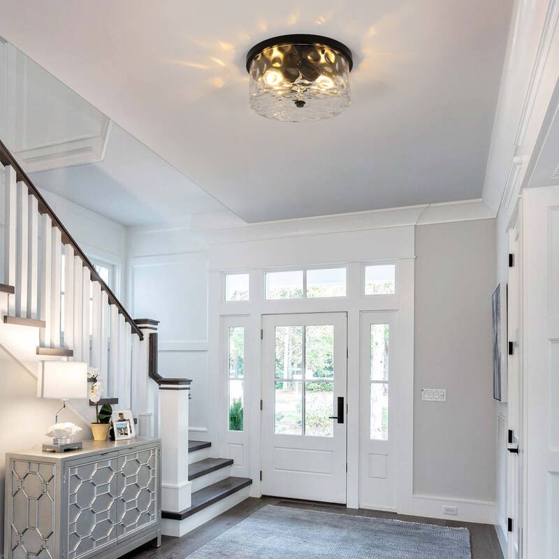 2-Light Flush Mount Ceiling Light with Clear Hammered Glass - N/A