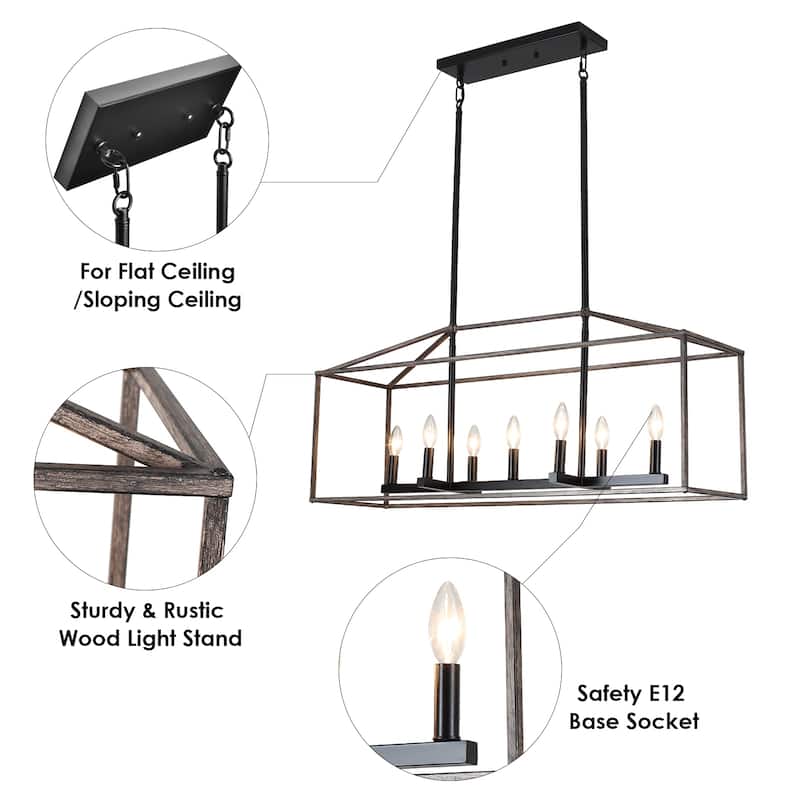 37.79" Wide 7-Light Traditional Farmhouse Rectangle Chandelier, Semi Flush Mount Chandelier, Kitchen Island Chandelier