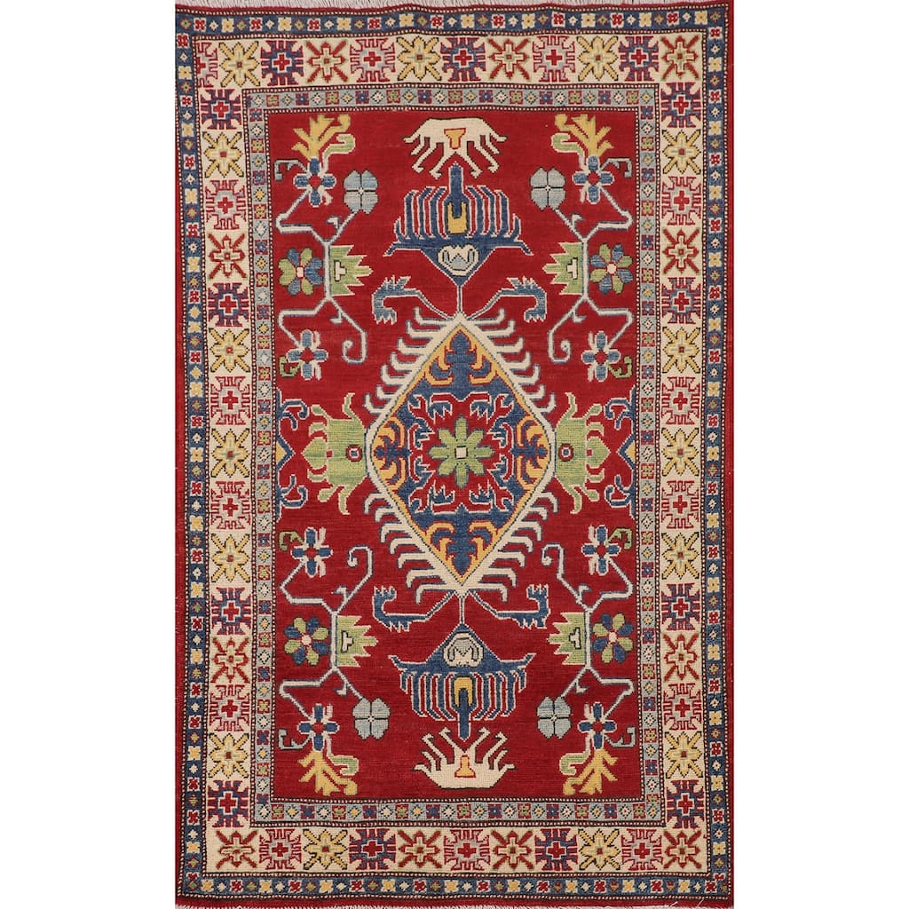 Red Geometric Kazak Rug Handmade Oriental Foyer Wool Carpet - 3'3" x 5'5"