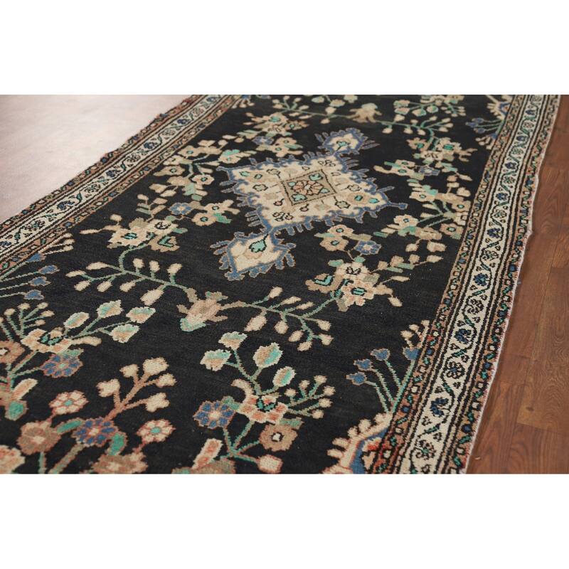 Dark Blue Hamedan Vintage Persian Runner Rug Hand-Knotted Wool Carpet - 3'7" x 10'1"